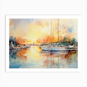 Watercolor Of Sailboats At Sunset Art Print