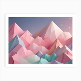 A Colorful, Low Poly Mountain Range With A Sunset Sky And Flying Paper Airplanes, Creating A Whimsical And Dreamy Atmosphere Art Print