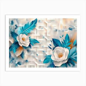 Abstract White Lattice, Turquoise Elements, And Feather on a Floral Base Art Print