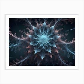 Intricate, Frosty Blue And Pink Fractal Resembling A Snowflake Or A Blooming Flower On A Dark Background Art Print