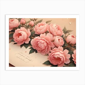 A Delicate Arrangement Of Pink Peonies With A Handwritten Letter On Top, Adding A Touch Of Romanticism Art Print