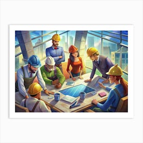 Construction Team Discussing A Blueprint Art Print