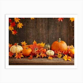 Autumn Themed Table Decoration Scattered Maple Leaves In Warm Shades Intermixed With Small Pumpkin (3) Art Print