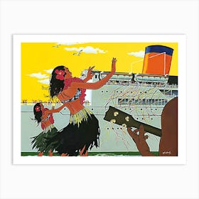 Hawaii, Hula Girls Welcoming Tourists On Cruiser Ship Art Print