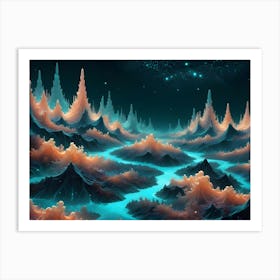 An Abstract, Digital Landscape With Glowing, Turquoise, Orange, And Blue Lines That Create A Sense Of Depth And Dimension Art Print