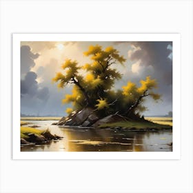 A Painting Depicting A Single Tree With Yellow Leaves On A Rocky Island In A River Art Print