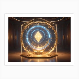 A 3d Rendering Of A Golden Platform With A Glowing Blue Ring, Containing A Diamond Shaped Ethereum Symbol, Set Against A Futuristic, Golden Room With Glowing Lights Art Print