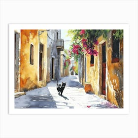 Rhodes, Greece   Cat In Street Art Watercolour Painting 3 Art Print