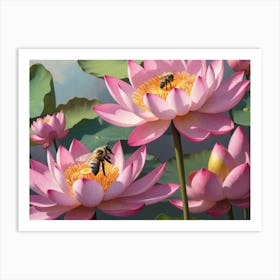 Bees On Pink Lotus Art Print