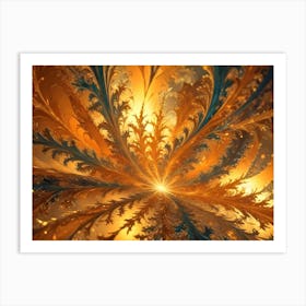 Intricate Fractal Art Resembling A Golden Flower With Feathery Petals And A Glowing Center Art Print