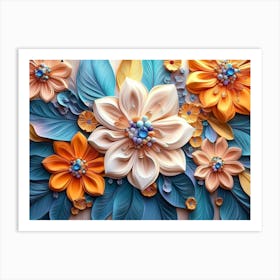 Elegant 3d Flowers Design of Colorful Diamond Painting Pattern Flowers with Leaves Art Print