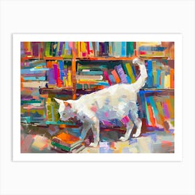 White Cat In The Library - Reading Art Print