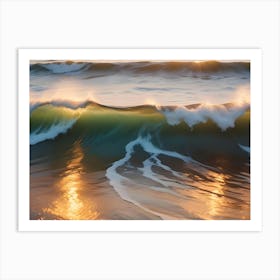 A Powerful Wave, Illuminated With Golden Light From The Setting Sun, Breaks On The Shore Art Print