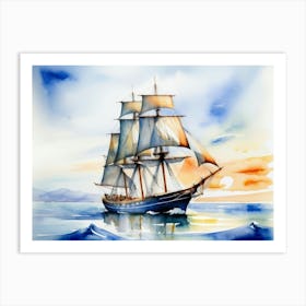 Sailing ship on the sea, watercolor painting 11 Art Print