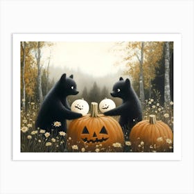 Black Bears With Pumpkins 1 Art Print