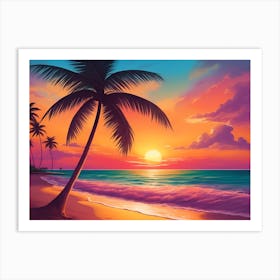A Tranquil Beach At Sunset Horizontal Illustration 21 Art Print