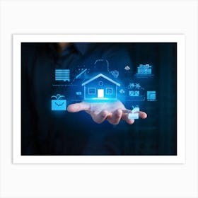 Artificial Intelligence Concept Visualized As A Hand Holding A Glowing Blue Diagram Of A Smart Home (2) Art Print