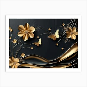 Gold Flowers On Black Background 2 Art Print