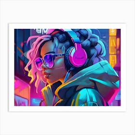 Neon Girl With Headphones Art Print