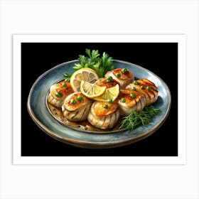 Plate Of Pan Seared Scallops With Lemon And Herbs Art Print