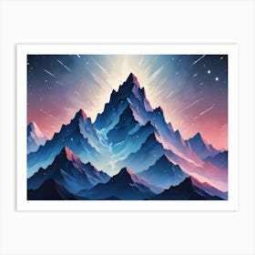 Majestic, Snow Capped Mountains Bathed In Pink And Blue Hues Rise Dramatically Under A Starry Night Sky With Shooting Stars, Creating A Serene And Inspiring Scene Art Print