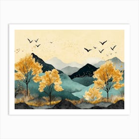 Autumn Trees With Flowers, Turquoise and Mountains with Clouds and Birds. 3d Art Art Print