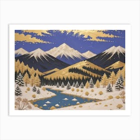 Snowy Peaks and Gold-Kissed Waters Art Print