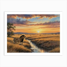 Lion At Sunset in Savannah Art Print