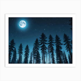 A Photograph Of A Forest At Night, Silhouetted Against A Dark Blue Sky With A Full Moon And Stars Art Print