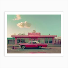 Exterior Of An American Diner By Wes Anderson In Wes Anderson Colours With A Cadillac Parked In Front Art Print