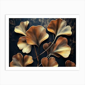 3d Floral Art with Golden Ginkgo Biloba Leaves on Dark Background 1 Art Print