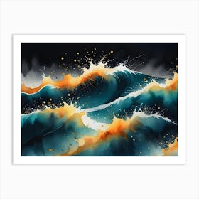 Watercolor Illustration Of Large, Crashing Waves With Splashes Of Golden Light Against A Dark Blue Background Art Print