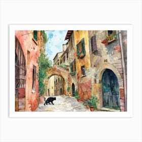 Black Cat In Perugia, Italy, Street Art Watercolour Painting 4 Art Print