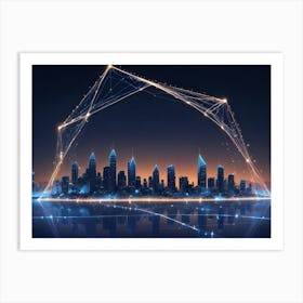 Abstract Image Of A Cityscape At Night With A Glowing, Geometric Structure Resembling A Protective Dome Or Shield, Symbolizing Technological Advancement And Urban Safety 1 Art Print