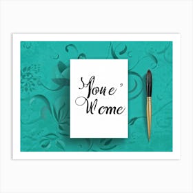 Calligraphic Handwritten Inscription An Elegant Youre Welcome Note Floating On A Graphical Turq (2) Art Print