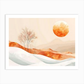 Abstract Minimalist Landscape Painting Of Snow Covered Hills Leafless Trees And A Large Orange Sun Art Print