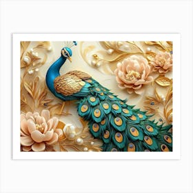 3d Artwork Peacock With Golden Jewelry And Flowers Art Print