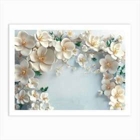 3d White And Blue Background, Featuring Golden Jewelry And Flowers Art Print