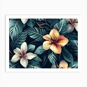 Tropical Seamless Pattern with Exotic Flowers and Leaves 4 Art Print