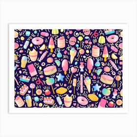 Cute Seamless Pattern With Colorful Sweets Cakes Lollipops Art Print