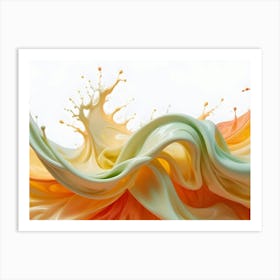 An Abstract Image Of A Green And Orange Liquid Splash, Creating A Dynamic Shape With Splashes And Swirls Against A White Background Art Print