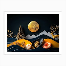 3d Modern Dark Blue And Golden Wave Landscape Art Print