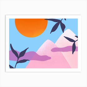 Pink mountains against an orange sun with blue sky and gentle and purple clouds. Art Print  Art Print