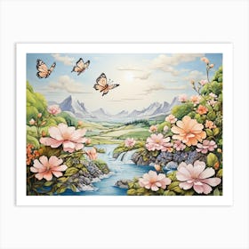 Pink Flowers With Butterflies Art Print