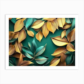 Golden Leaves On A Green Background Art Print