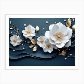 3d Artwork Illustration White Background With Golden Jewelry And Flower And Art Art Print