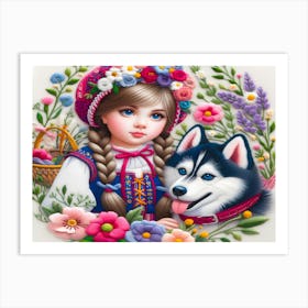 Russian Girl With Husky Art Print