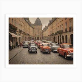 Old Cars On A Cobblestone Street Art Print