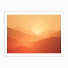 Minimalistic Illustration Of A Mountain Range Silhouetted Against A Vibrant Orange Sunset, With The Sun Peeking Through The Peaks Art Print