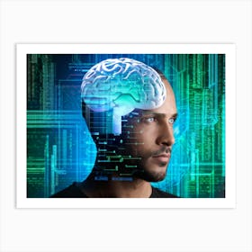 Abstract Portrait Of A Cyborg Man With A Human Profile Merging Into A Cubic Brain Showcasing The Co 2 Art Print